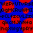 Blue background with red circular shapes and black pixelated text repeating in