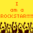 Yellow background with orange pixelated text reading "I I am a am a ROCKSTAR!!!!!!ROCKSTAR!!!!!" above multiple identical cartoon figures raising fists.