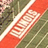 A four-quadrant displays sports field imagery and text on orange and gray backgrounds with pixelated lettering