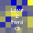 Pixelated icon with repeating text elements over a of blue, yellow, and gray squares