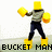 Pixelated animated contact sheet showing two frames of a character with yellow bucket head, gray shirt, dark pants, and yellow boots performing boxing motion with text "BUCKET MAN" and "OH YEAH!"
