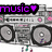 Pixelated boombox with four speakers and pink accents, displaying 'music' text in purple, cyan, and green hearts