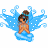 Pixelated character with brown hair in a bun sits on a blue wave, surrounded by light blue water splashes with white dots.