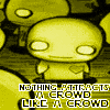 nine identical cartoon figures with large eyes and neutral expressions, each in a different color filter, with text below reading "NOTHING ATTRACTS A CROWD LIKE A CROWD"