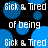 A static digital image with repeating text and blue circles on a black background.