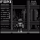Pixel art of a character standing in front of a cityscape at night with 'MINI' text above, rendered in grayscale.