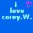 Blue background with light blue text reading "i love corey.W." and a pink pixelated heart symbol above the text.