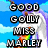 Pixelated cartoon unicorn with purple mane and rainbow vomit against blue sky background, displaying text "GOOD GOULY MISS MARLEY" in blocky font.