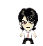 Pixelated character in white shirt and red tie with six distinct poses showing varied arm positions, facial expressions, and body angles against gray background.