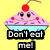 Pixelated cupcake icon with pink frosting, purple sprinkles, red cherry on top, and text reading "Don't eat me!" on a yellow background.