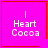 Four identical pink square icons with red borders display "I Heart Cocoa" text, each with a distinct small symbol in the bottom-right corner.