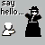 Pixel art animation of a figure in black attire with white face and yellow hands, interacting with small white objects that develop red splatters