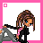 Pixel art contact sheet of a 5-frame animated icon showing a cartoon character in various poses with pink text and gray shapes on white backgrounds, framed by bright pink borders.