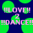 Pixelated green circles float over a dark blue background with pink text reading '!!!LOVE!!', '2', and '!!!DANCE!!!' in a repeating pattern.