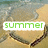 A beach scene with a heart-shaped sand pattern and water, featuring changing text overlays.