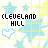 Pixelated icon with yellow background, blue stars and snowflakes, text "CLEVELAND HILL", heart symbol in light blue or black