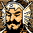 Pixelated 48x48 static icon featuring a stylized orange and black face with geometric patterns, surrounded by abstract border elements in matching colors.
