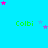 A bright cyan background features repeated green 'Colbi' text with scattered pink and purple star shapes, some of which are partially obscured by a gray rectangle in the bottom-right corner.