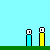 Pixel art animation showing a character repeatedly waving yellow flags near small vertical pillars, with text bubbles appearing above the pillars.