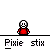 Pixelated character in red shirt with changing facial expressions and hand positions under text "Pixie stix" on gray background.