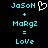 Pixelated cyan text and symbols on black background with one frame showing a white heart outline next to 'Jason' text.