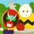 Pixelated static image of two cartoon characters: a red mushroom-shaped figure with green accents and blue eyes, and a white stick-figure with black mustache on yellow background.