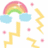 Pixelated rainbow with blue clouds, yellow zigzag lines, pink dots on white background; purple text 'PRETTY!' appears in later frame.