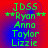 Green pixelated text on a red and blue gradient background with four identical arranged in a