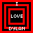 Four variations of a red and black pixelated icon with "I LOVE DYLAN" text, each showing different nested square arrangements.