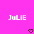 Pixelated text 'JulIE' in white on bright pink background with two dark brown pixel hearts below.