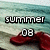 Pixelated beach scene with red shoes, 'summer' text above and '08' below on a blurred background.