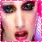 Pixelated close-up of a person's face with pink hair, dark eye makeup, and red lips against a bright background.