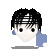 Pixelated character head with black hair, blue earpieces, and white face; four variations show changing props including a yellow symbol on blue background.