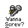 A 3x2 contact sheet of five animated frames showing a pixelated stick figure holding two microphones with the text "Wanna Screw?" below each frame on a gray background.