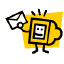 Pixelated character with square head holding envelope, standing on yellow background with motion lines above head.
