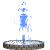 Pixelated fountain animation with blue water jets rising from circular stone base against gray background.