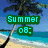 Pixelated beach scene with palm tree, turquoise water, and green text reading 'Summer 08:' on blue background.