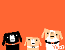 Pixel art animation of cartoon dogs with speech bubbles on orange background, showing frame-to-frame text and mouth changes.