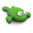 Green pixelated frog with large white eyes, black pupils, and a rounded body on a gray background.