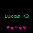 Green text 'Lucas <3' above pink and purple heart icons on a black background, with one heart changing color between frames.
