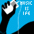 Pixelated animation of a hand holding a white music player with blue background, text 'MUSIC IS LIFE' in pixel font.