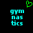 Green pixelated heart symbol above cyan text 'gymnastics' split into three lines on black background.