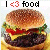 A pixelated contact sheet of two animated frames showing a hamburger with text "I <3 food" above it, where the heart symbol alternates between red and black.