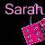 Animated pink dice with 'Sarah' text above each frame, showing sequential rotation and position changes against a black background.