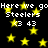 Black background with yellow stars and repeated white text reading 'Here we go Steelers <3 43' in pixelated font.