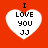 Four heart-shaped icons with text on a red background, each displaying 'I LOVE YOU JJ' in black pixelated font.