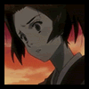Anime-style character with short dark hair and traditional clothing against an orange sunset sky, displayed in a of showing subtle facial expression changes
