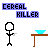 Animated contact sheet of a pixel art game sequence showing stick figures interacting with cereal bowls and tables, transitioning to a mission prompt for