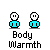Pixel art of two cyan figures with white heads, showing body warmth expressions and speech bubbles changing from 'BRR' to 'COLD!!', then to 'WARMTH!!!'