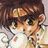 Pixelated anime-style character with brown hair and green eyes, wearing a white and beige outfit, positioned next to black background with white text.